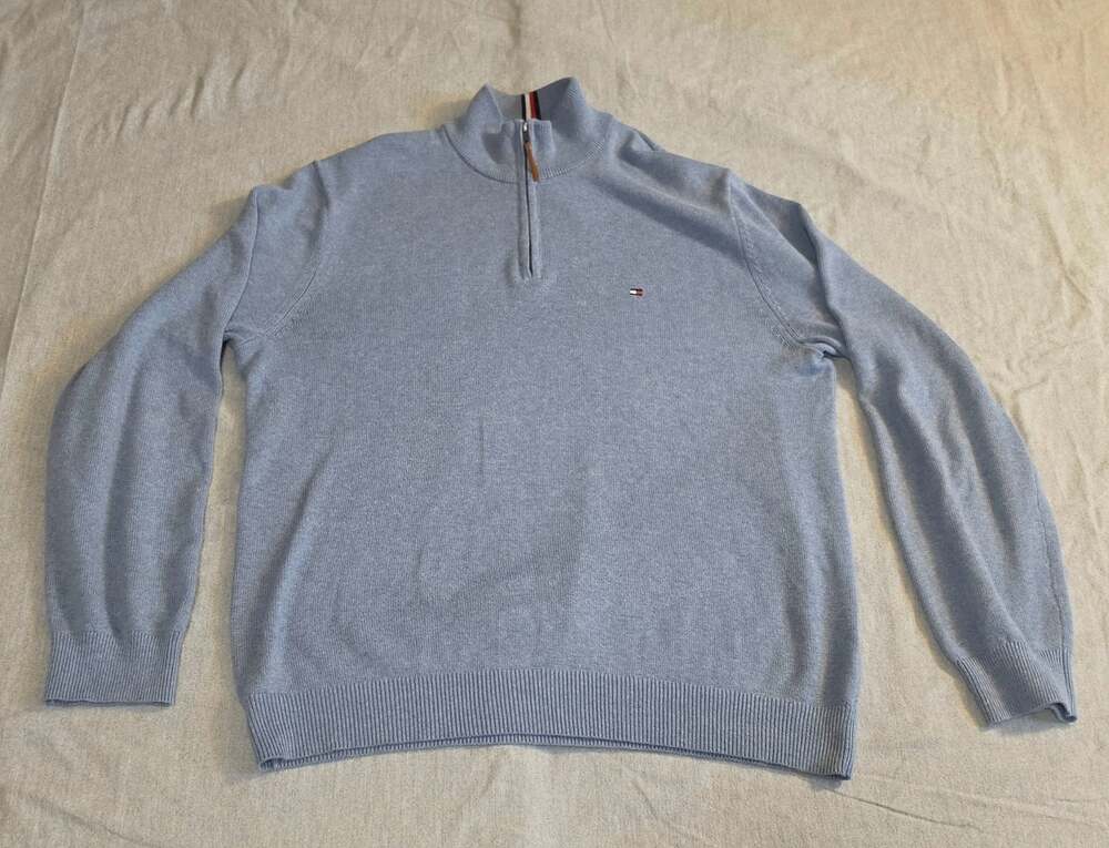 Tommy Hilfiger Quarter Zip Sweater Mens L Light Blue Heather Knit Flag Logo